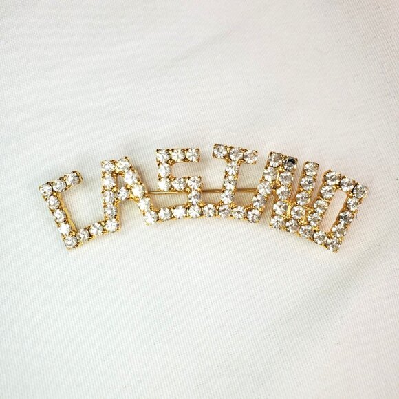 CASINO Rhinestone Brooch Goldtone Pin Sparkle Crystals Bling 2.5" - Picture 1 of 7